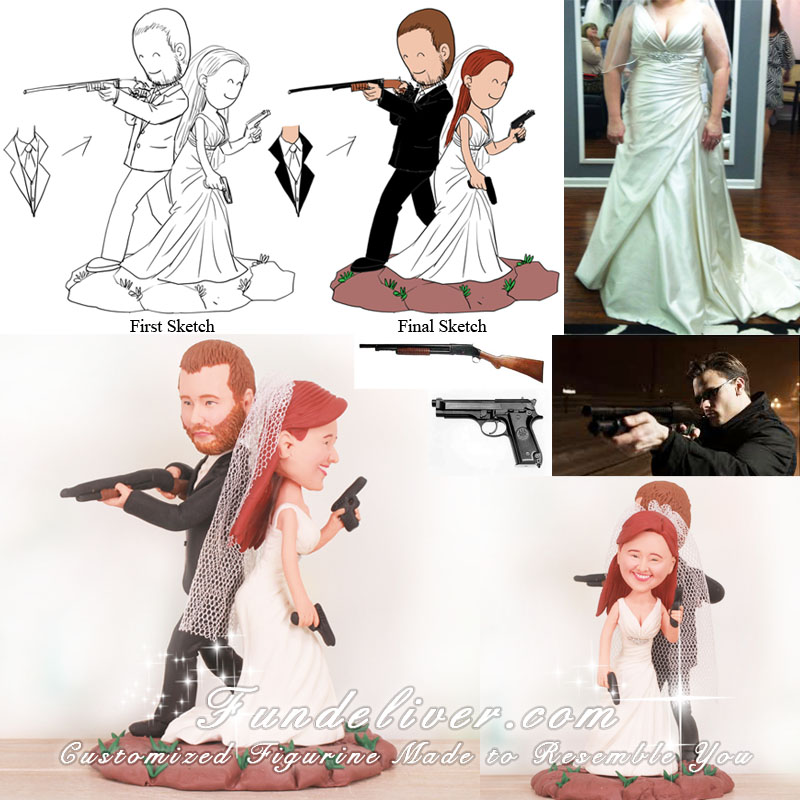 Groom Holding Shotgun and Bride Holding Pistols Wedding Cake Toppers